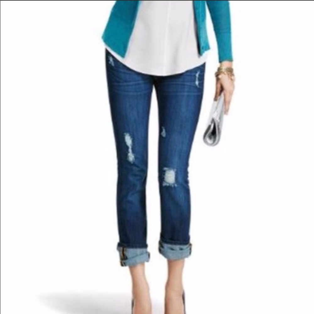 CAbi Dark Wash Distressed Slim Boyfriend Jeans 0